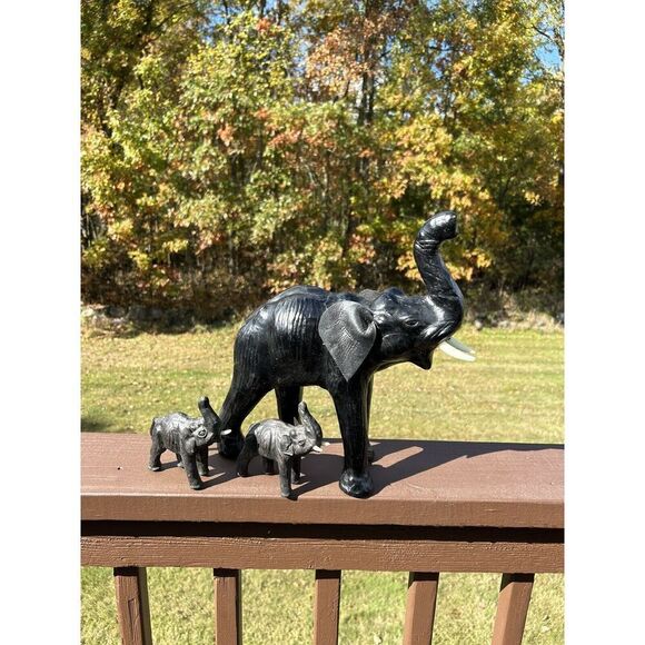 Vintage Leather Wrapped Elephant Statue W Tusks, Trunk Up Black 13”L x 13”H - Picture 13 of 13